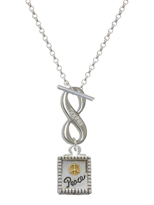 Two-tone Shadow Box ''Peace'' with Peace Sign - Custom Engraved Infinity Toggle Necklace: Personalized Jewelry Gift - Names, Initials, Dates, Bible Verses