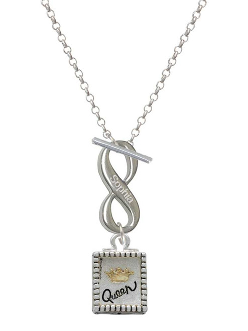 Shadow Box ''Queen'' with Gold-tone Crown - Custom Engraved Infinity Toggle Necklace: Personalized Jewelry Gift - Names, Initials, Dates, Bible Verses