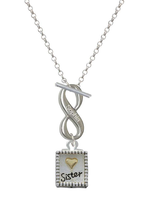 Shadow Box ''Sister'' with Gold-tone Heart - Custom Engraved Infinity Toggle Necklace: Personalized Jewelry Gift - Names, Initials, Dates, Bible Verses