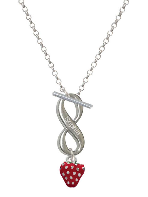 Silver Plated Mini 2-D Enamel Strawberry - Custom Engraved Infinity Toggle Necklace: Personalized Jewelry Gift - Names, Initials, Dates, Bible Verses