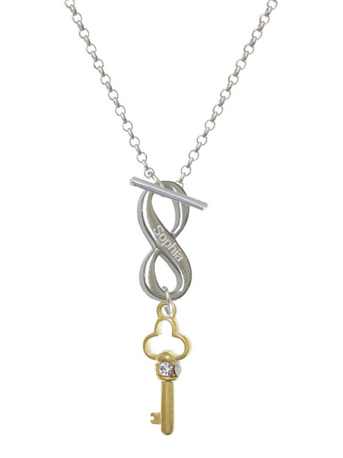Gold-tone Trefoil Key with Crystals - Custom Engraved Infinity Toggle Necklace: Personalized Jewelry Gift - Names, Initials, Dates, Bible Verses
