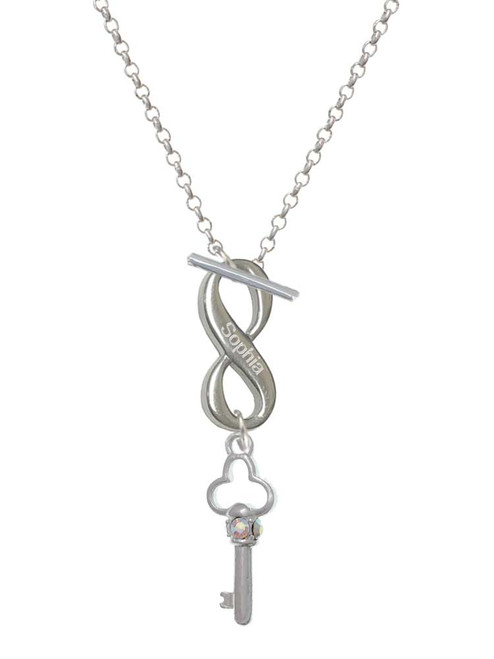 Silver Plated Trefoil Key with AB Crystals - Custom Engraved Infinity Toggle Necklace: Personalized Jewelry Gift - Names, Initials, Dates, Bible Verses