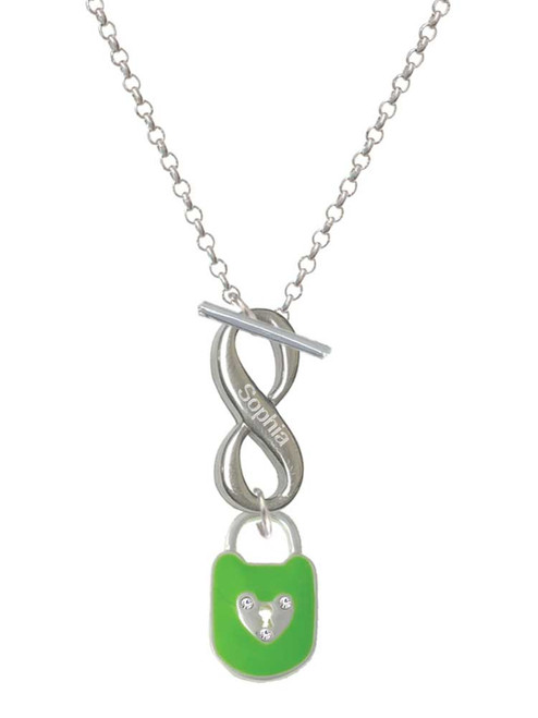 Lime Green Enamel Lock with Clear Crystals - Custom Engraved Infinity Toggle Necklace: Personalized Jewelry Gift - Names, Initials, Dates, Bible Verses