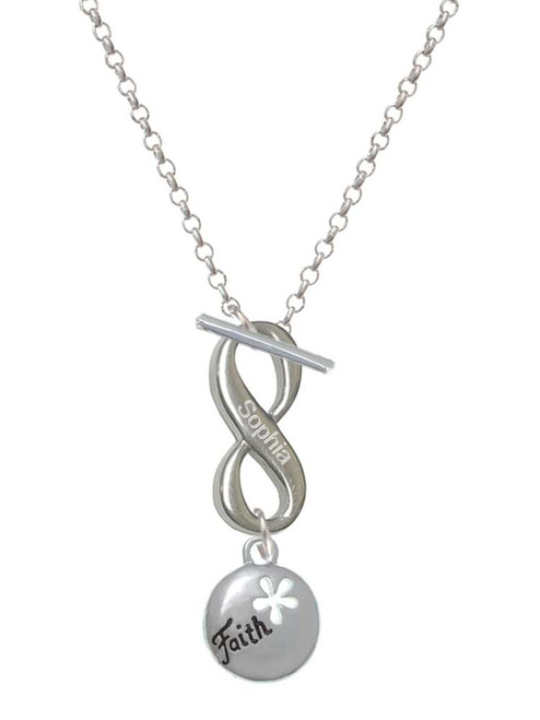 Silver Plated Faith Disc with Cutout Flower - Custom Engraved Infinity Toggle Necklace: Personalized Jewelry Gift - Names, Initials, Dates, Bible Verses