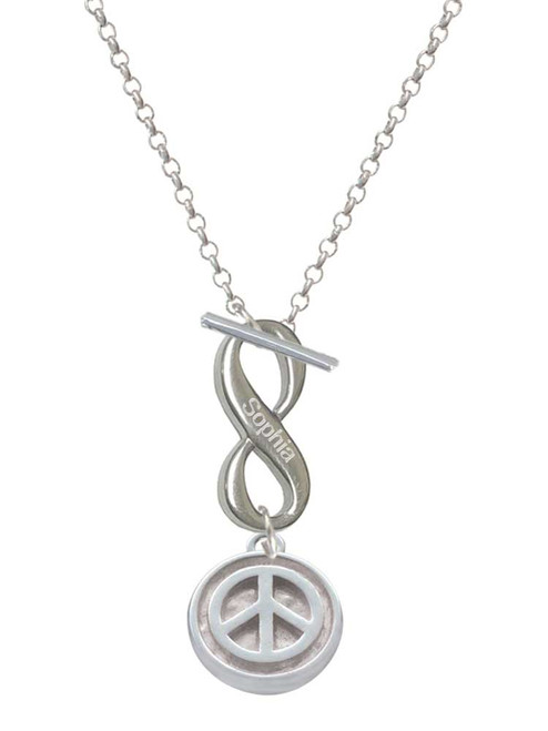 Silver Plated Peace Sign - Round Seal - Custom Engraved Infinity Toggle Necklace: Personalized Jewelry Gift - Names, Initials, Dates, Bible Verses