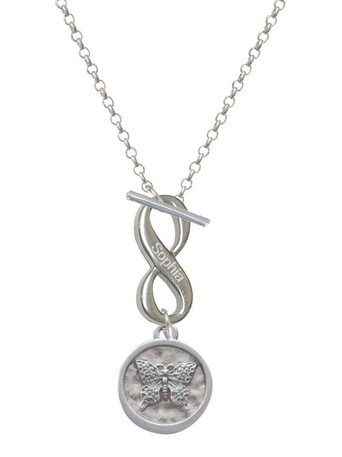 Silver Plated Butterfly - Round Seal - Custom Engraved Infinity Toggle Necklace: Personalized Jewelry Gift - Names, Initials, Dates, Bible Verses