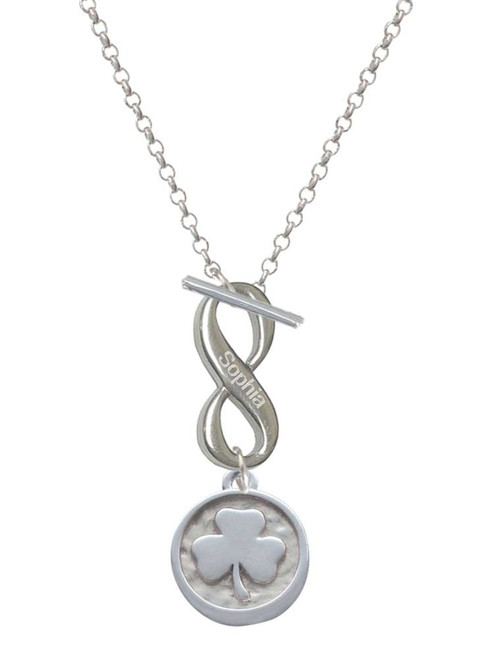 Silver Plated Shamrock - Round Seal - Custom Engraved Infinity Toggle Necklace: Personalized Jewelry Gift - Names, Initials, Dates, Bible Verses