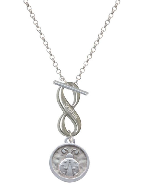 Silver Plated Ladybug - Round Seal - Custom Engraved Infinity Toggle Necklace: Personalized Jewelry Gift - Names, Initials, Dates, Bible Verses
