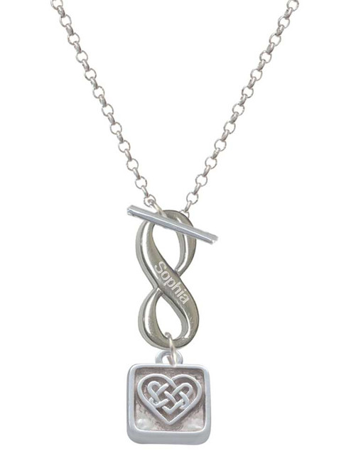 Silver Plated Celtic Knot Heart - Square Seal - Custom Engraved Infinity Toggle Necklace: Personalized Jewelry Gift - Names, Initials, Dates, Bible Verses