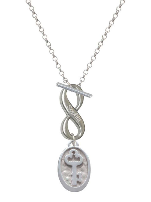 Silver Plated Key - Oval Seal - Custom Engraved Infinity Toggle Necklace: Personalized Jewelry Gift - Names, Initials, Dates, Bible Verses