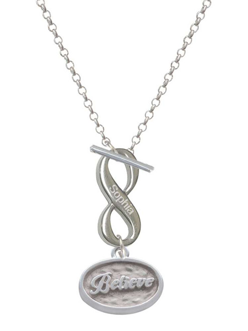 Silver Plated Believe - Oval Seal - Custom Engraved Infinity Toggle Necklace: Personalized Jewelry Gift - Names, Initials, Dates, Bible Verses