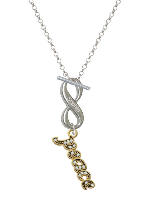 Gold-tone Crystal Script ''Peace'' - Custom Engraved Infinity Toggle Necklace: Personalized Jewelry Gift - Names, Initials, Dates, Bible Verses