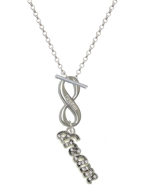 Silver Plated Crystal Script ''Dream'' - Custom Engraved Infinity Toggle Necklace: Personalized Jewelry Gift - Names, Initials, Dates, Bible Verses