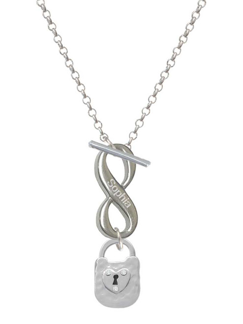 Silver Plated Hammered Lock with Heart and Clear Crystals - Custom Engraved Infinity Toggle Necklace: Personalized Jewelry Gift - Names, Initials, Dates, Bible Verses