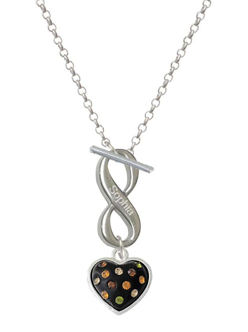 Silver Plated Black Resin Heart with Fall Crystals - Custom Engraved Infinity Toggle Necklace: Personalized Jewelry Gift - Names, Initials, Dates, Bible Verses