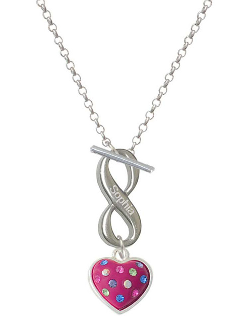 Silver Plated Hot Pink Resin Heart in Frame - Custom Engraved Infinity Toggle Necklace: Personalized Jewelry Gift - Names, Initials, Dates, Bible Verses