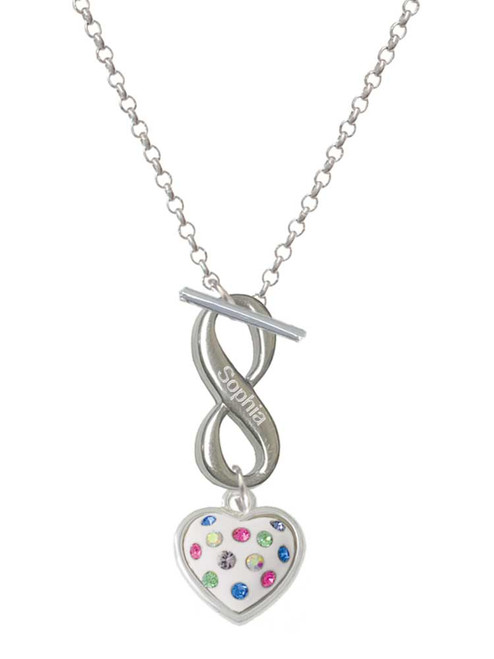 Silver Plated White Resin Heart with Spring Crystals - Custom Engraved Infinity Toggle Necklace: Personalized Jewelry Gift - Names, Initials, Dates, Bible Verses