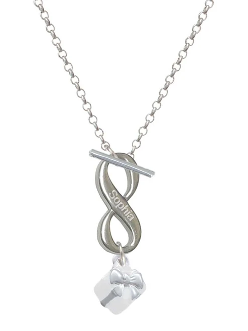Silver Plated Small 3-D White Present Box with Bow - Custom Engraved Infinity Toggle Necklace: Personalized Jewelry Gift - Names, Initials, Dates, Bible Verses