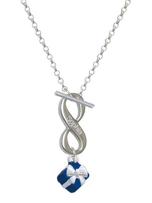 Silver Plated Small 3-D Blue Present Box with Bow - Custom Engraved Infinity Toggle Necklace: Personalized Jewelry Gift - Names, Initials, Dates, Bible Verses