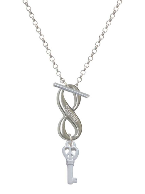 Silver Plated Mini Open Peace Heart Key - Custom Engraved Infinity Toggle Necklace: Personalized Jewelry Gift - Names, Initials, Dates, Bible Verses
