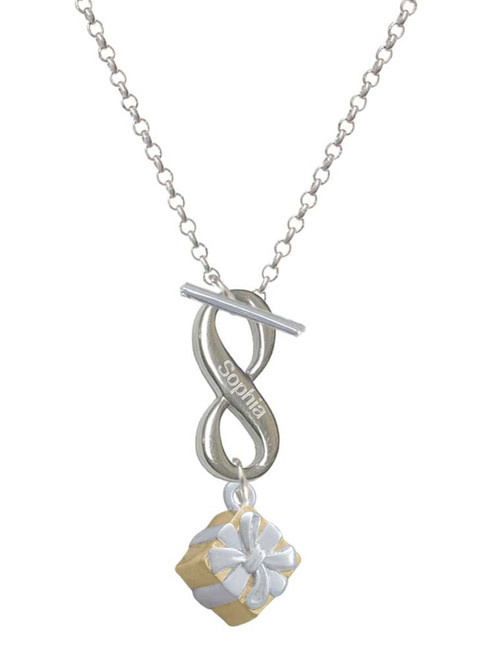 Gold-tone 3-D Present with Crystal - Custom Engraved Infinity Toggle Necklace: Personalized Jewelry Gift - Names, Initials, Dates, Bible Verses