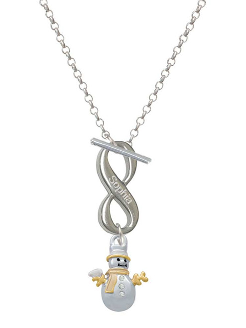 Two-tone Snowman with Crystal Buttons - Custom Engraved Infinity Toggle Necklace: Personalized Jewelry Gift - Names, Initials, Dates, Bible Verses