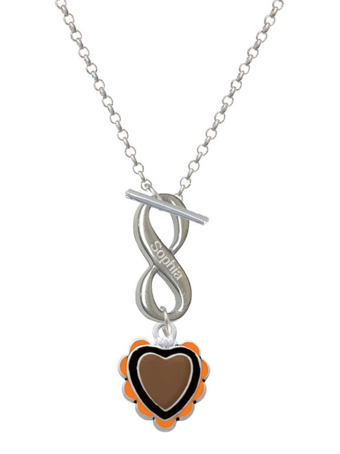 Silver Plated Brown & Black Heart with Orange Ruffles - Custom Engraved Infinity Toggle Necklace: Personalized Jewelry Gift - Names, Initials, Dates, Bible Verses