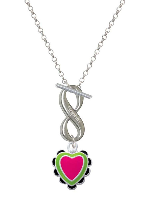 Silver Plated Hot Pink & Lime Green Heart with Black Ruffles - Custom Engraved Infinity Toggle Necklace: Personalized Jewelry Gift - Names, Initials, Dates, Bible Verses
