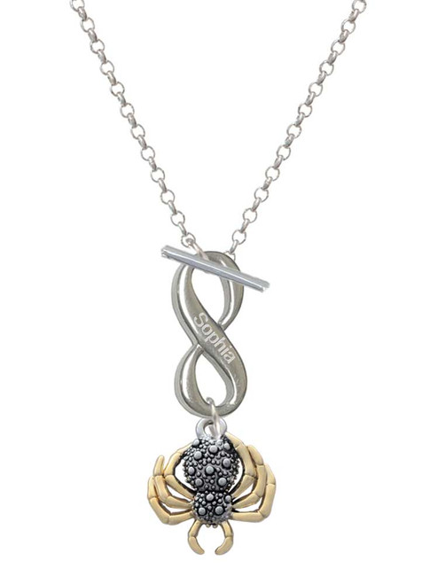 Two-tone 3-D Textured Spider with Legs - Custom Engraved Infinity Toggle Necklace: Personalized Jewelry Gift - Names, Initials, Dates, Bible Verses