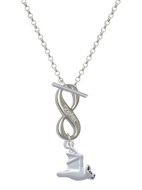 Silver Plated 3-D Flying Bat with Crystals - Custom Engraved Infinity Toggle Necklace: Personalized Jewelry Gift - Names, Initials, Dates, Bible Verses