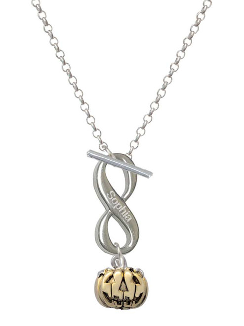Gold-tone Small Jack O'Lantern with Stem - Custom Engraved Infinity Toggle Necklace: Personalized Jewelry Gift - Names, Initials, Dates, Bible Verses