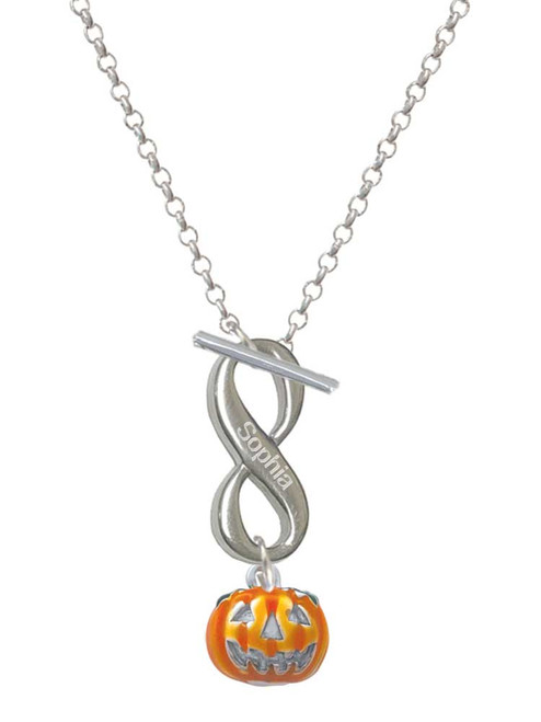 Silver Plated Small Orange Jack O'Lantern with Stem - Custom Engraved Infinity Toggle Necklace: Personalized Jewelry Gift - Names, Initials, Dates, Bible Verses
