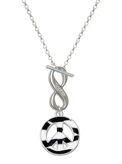 Silver Plated Large Zebra Print Peace Sign - Custom Engraved Infinity Toggle Necklace: Personalized Jewelry Gift - Names, Initials, Dates, Bible Verses