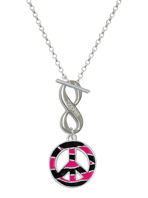 Silver Plated Large Hot Pink Tiger Print Peace Sign - Custom Engraved Infinity Toggle Necklace: Personalized Jewelry Gift - Names, Initials, Dates, Bible Verses