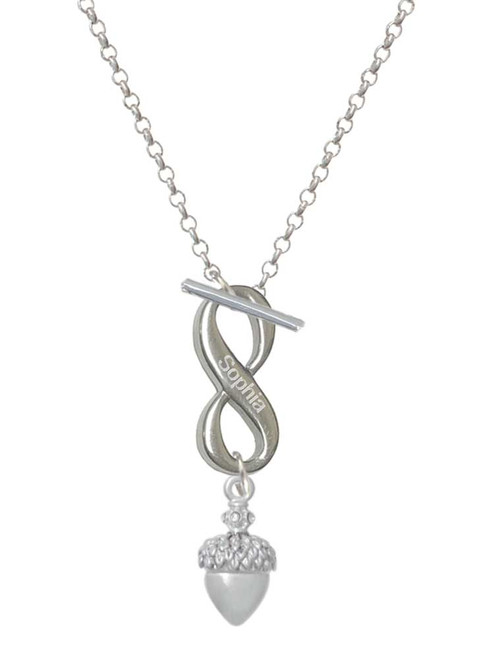 Silver Plated Small Acorn with Crystals - Custom Engraved Infinity Toggle Necklace: Personalized Jewelry Gift - Names, Initials, Dates, Bible Verses