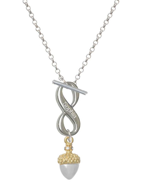 Two-tone Small Acorn with Crystals - Custom Engraved Infinity Toggle Necklace: Personalized Jewelry Gift - Names, Initials, Dates, Bible Verses