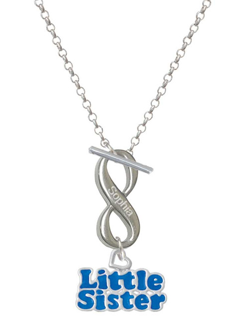 Royal Blue ''Little Sister'' with Heart - Custom Engraved Infinity Toggle Necklace: Personalized Jewelry Gift - Names, Initials, Dates, Bible Verses
