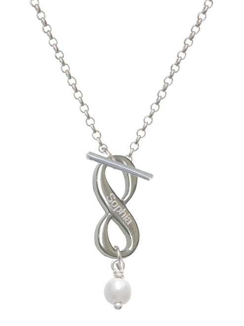 Silver Plated 6mm Glass Imitation Pearl Bead Drop - Custom Engraved Infinity Toggle Necklace: Personalized Jewelry Gift - Names, Initials, Dates, Bible Verses