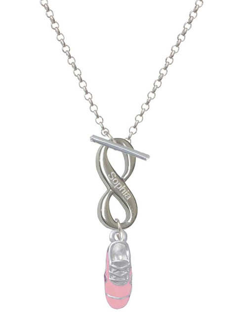 Silver Plated 3-D Pink Running Shoe - Custom Engraved Infinity Toggle Necklace: Personalized Jewelry Gift - Names, Initials, Dates, Bible Verses
