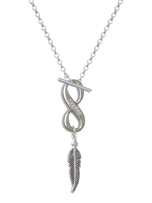 Silver Plated 3-D Feather - Custom Engraved Infinity Toggle Necklace: Personalized Jewelry Gift - Names, Initials, Dates, Bible Verses