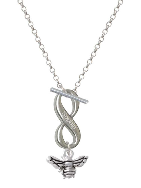 Silver Plated Small 3-D Bee - Custom Engraved Infinity Toggle Necklace: Personalized Jewelry Gift - Names, Initials, Dates, Bible Verses