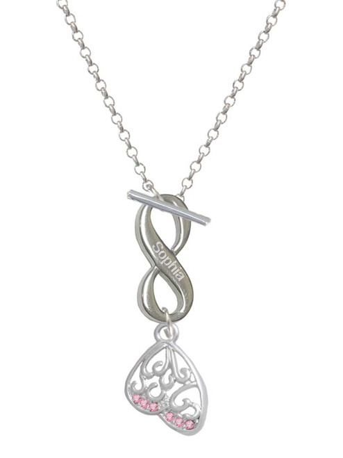 Silver Plated Open Pink Crystal Butterfly Wing - Custom Engraved Infinity Toggle Necklace: Personalized Jewelry Gift - Names, Initials, Dates, Bible Verses