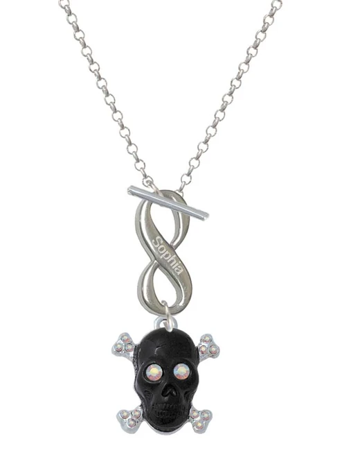 Silver Plated Large Black Resin Skull with AB Crystals - Custom Engraved Infinity Toggle Necklace: Personalized Jewelry Gift - Names, Initials, Dates, Bible Verses