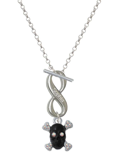 Silver Plated Small Black Resin Skull with AB Crystals - Custom Engraved Infinity Toggle Necklace: Personalized Jewelry Gift - Names, Initials, Dates, Bible Verses