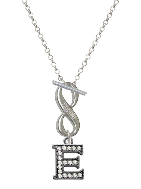 Black Nickeltone Crystal Initial - E - Beaded Border - Custom Engraved Infinity Toggle Necklace: Personalized Jewelry Gift - Names, Initials, Dates, Bible Verses