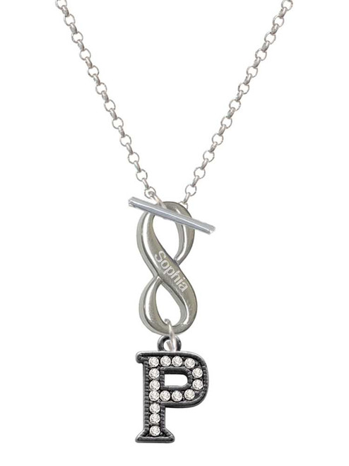 Black Nickeltone Crystal Initial - P - Beaded Border - Custom Engraved Infinity Toggle Necklace: Personalized Jewelry Gift - Names, Initials, Dates, Bible Verses