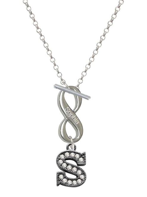 Black Nickeltone Crystal Initial - S - Beaded Border - Custom Engraved Infinity Toggle Necklace: Personalized Jewelry Gift - Names, Initials, Dates, Bible Verses
