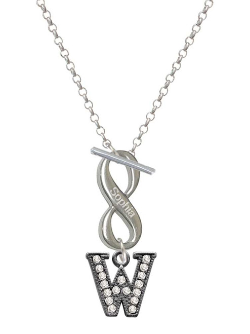 Black Nickeltone Crystal Initial - W - Beaded Border - Custom Engraved Infinity Toggle Necklace: Personalized Jewelry Gift - Names, Initials, Dates, Bible Verses