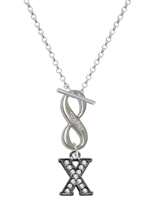 Black Nickeltone Crystal Initial - X - Beaded Border - Custom Engraved Infinity Toggle Necklace: Personalized Jewelry Gift - Names, Initials, Dates, Bible Verses