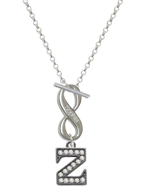 Black Nickeltone Crystal Initial - Z - Beaded Border - Custom Engraved Infinity Toggle Necklace: Personalized Jewelry Gift - Names, Initials, Dates, Bible Verses